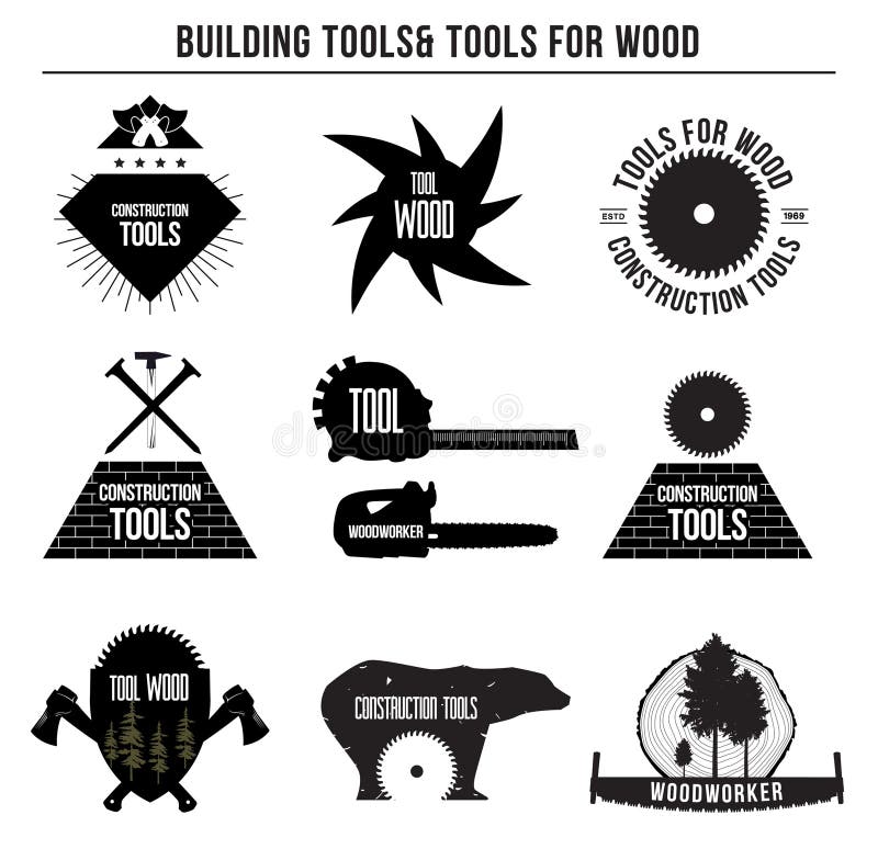 Satz Gebäudewerkzeuge und Werkzeuge für Holz und Logoausweise, Aufkleber lizenzfreie abbildung Satz Gebäudewerkzeuge und Werkzeuge für Holz und Logoausweise, Aufkleber lizenzfreie abbildung