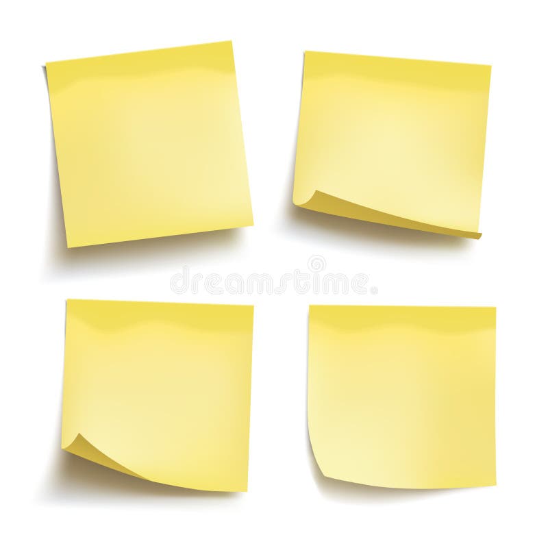 Satz gelbe Blätter Papier Briefpapiere Vier klebrige Anmerkungen Vektor stock abbildung