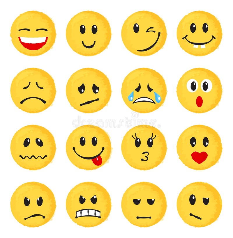 Satz Gelbe Emoticons Und Emojis Vektor Abbildung Illustration von