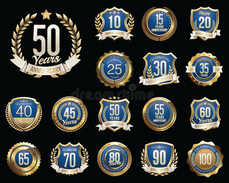 Set of Golden Anniversary Badges. Set of Golden Anniversary Signs. Gold and Royal Blue. Set of Golden Anniversary Badges. Set of Golden Anniversary Signs. Gold and Royal Blue.