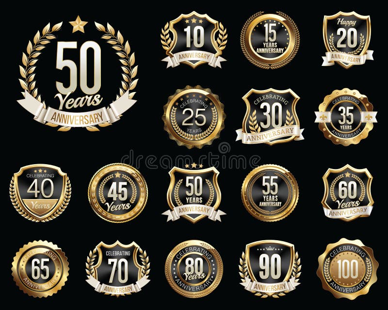 Set of Golden Anniversary Badges. Set of Golden Anniversary Signs. Gold and Black. Set of Golden Anniversary Badges. Set of Golden Anniversary Signs. Gold and Black.