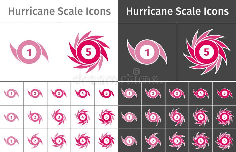 Set of hurricane scale icons on different backgrounds. Symbolic display of wind force in a hurricane. Set of hurricane scale icons on different backgrounds. Symbolic display of wind force in a hurricane