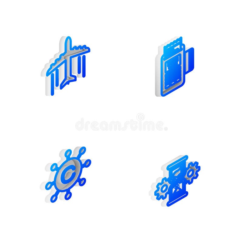 Satz isometrische Linien-Pos Terminal-plane Schreibnetz und Stundenglas und Getriebe Icon. Vektor stock abbildung