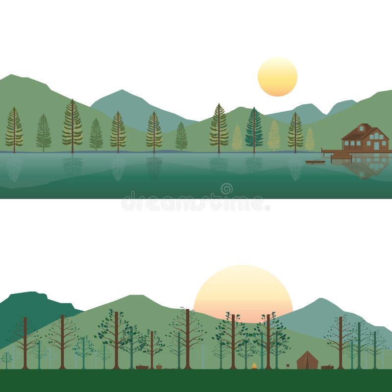 Satz Kabine auf See und Kampieren auf Berg in der Sommer-und Frühlings-Landschaft vektor abbildung Satz Kabine auf See und Kampieren auf Berg in der Sommer-und Frühlings-Landschaft vektor abbildung