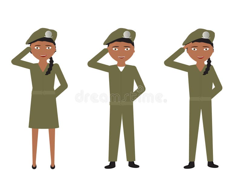 Satz Karikatursoldaten mit grünen Uniformen begrüßend auf weißem Hintergrund lizenzfreie abbildung Satz Karikatursoldaten mit grünen Uniformen begrüßend auf weißem Hintergrund lizenzfreie abbildung