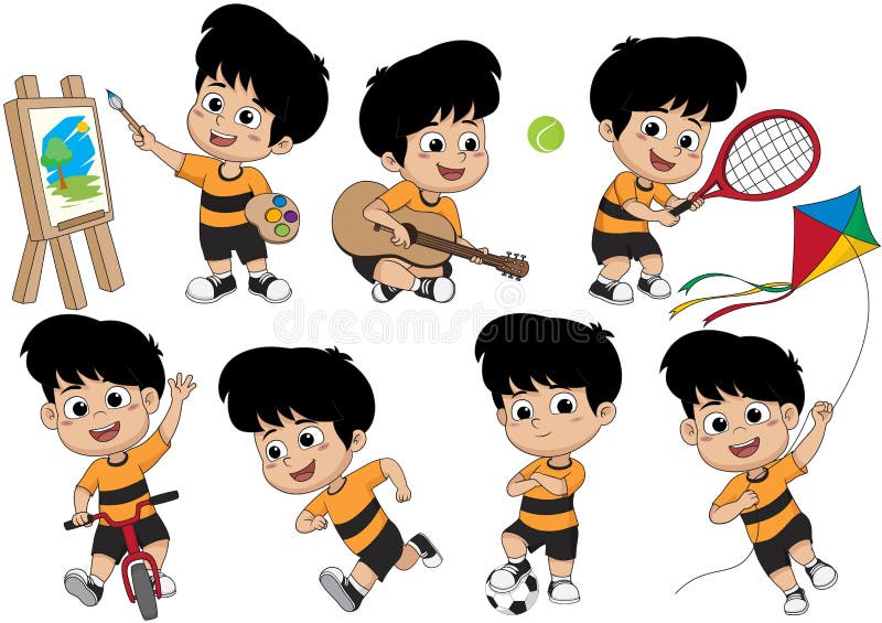 Satz Kindertätigkeit, Kind, das ein Bild, eine Gitarre spielend, Spiel malt lizenzfreie abbildung Satz Kindertätigkeit, Kind, das ein Bild, eine Gitarre spielend, Spiel malt lizenzfreie abbildung