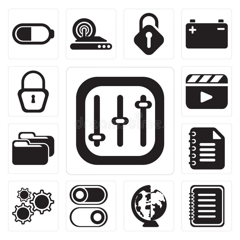 Satz Kontrollen, Anmerkung, weltweit, Schalter, Einstellungen, Notizblock, Fol lizenzfreie abbildung Satz Kontrollen, Anmerkung, weltweit, Schalter, Einstellungen, Notizblock, Fol lizenzfreie abbildung