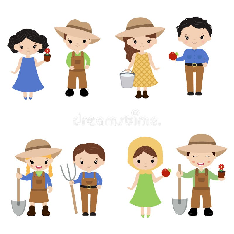 Satz Landwirtmädchen und -jungen vektor abbildung Satz Landwirtmädchen und -jungen vektor abbildung
