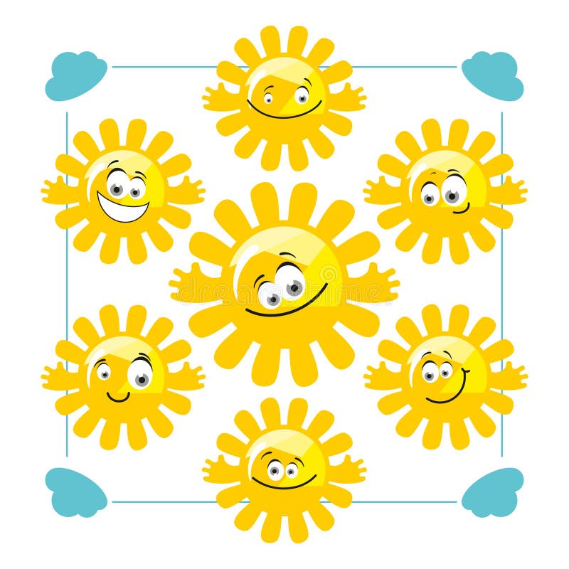 Collection of cute cartoon suns with different faces. Collection of cute cartoon suns with different faces