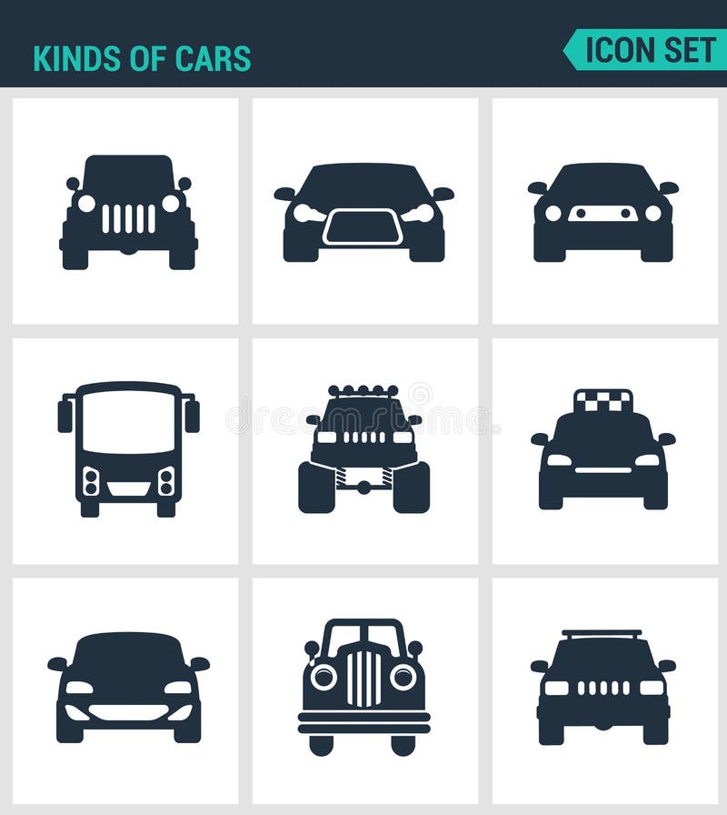 Satz moderne Ikonen Arten von Autos, suv, Auto, Bus, muskulkar, b-gfut Taxi biznes avtomobil retrocars Schwarze Zeichen stock abbildung Satz moderne Ikonen Arten von Autos, suv, Auto, Bus, muskulkar, b-gfut Taxi biznes avtomobil retrocars Schwarze Zeichen stock abbildung