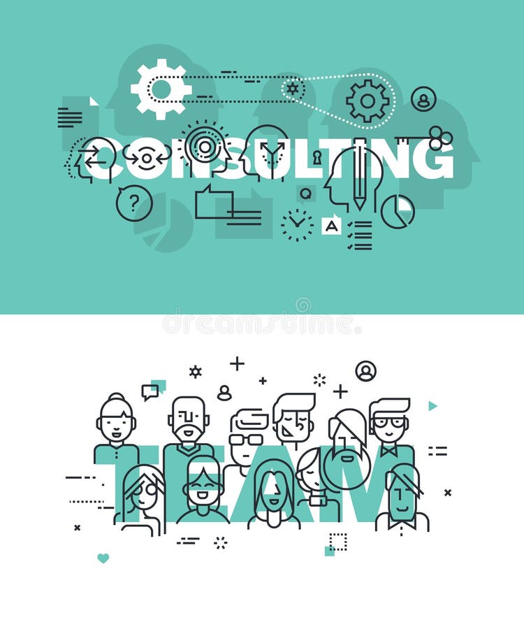 Satz moderne Vektorillustrationskonzepte der Wortberatung und -teams lizenzfreie abbildung