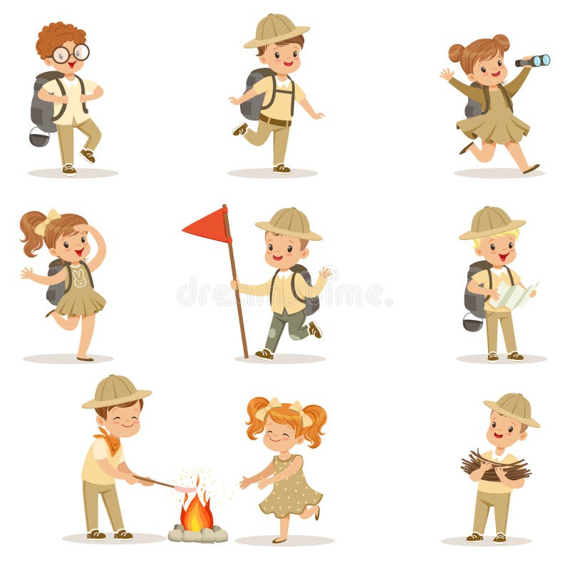 Set of girls and boys in scout khaki costumes. Scouts in action. Cheerful kids exploring map, getting wood for the fire and cooking sausages. Summer children s camp. Vector illustration isolated. Set of girls and boys in scout khaki costumes. Scouts in action. Cheerful kids exploring map, getting wood for the fire and cooking sausages. Summer children s camp. Vector illustration isolated