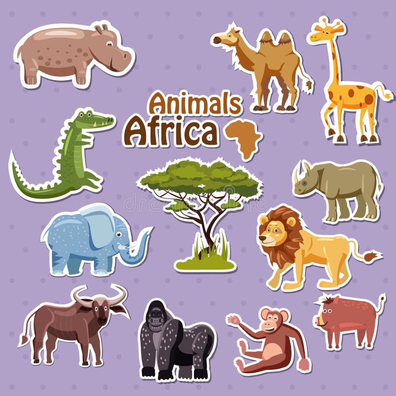 Satz nette afrikanische Tieraufkleber, Karikaturart, lokalisiert, Vektor, Illustration stock abbildung Satz nette afrikanische Tieraufkleber, Karikaturart, lokalisiert, Vektor, Illustration stock abbildung