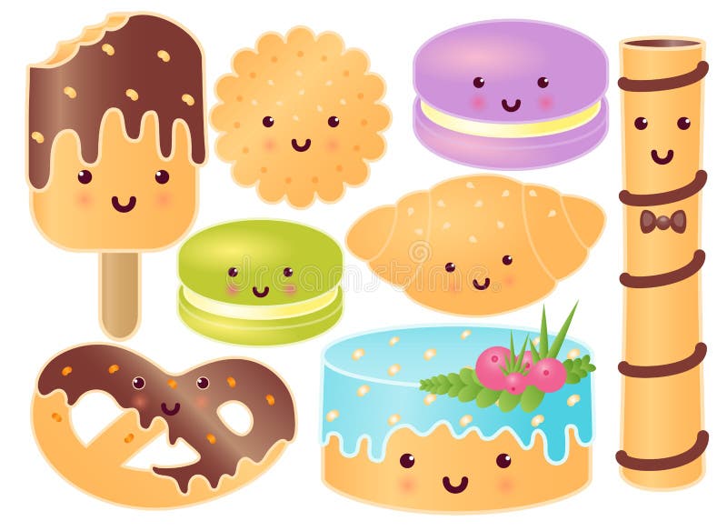 Satz nette Bonbons Hörnchen, Brezel, kleiner Kuchen, Eiscreme, Makronen, süßes Steak, Plätzchen vektor abbildung Satz nette Bonbons Hörnchen, Brezel, kleiner Kuchen, Eiscreme, Makronen, süßes Steak, Plätzchen vektor abbildung
