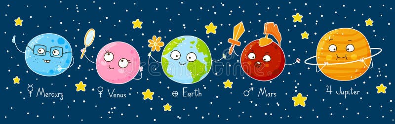 Set of cute cartoon planets on night sky background. Set of cute cartoon planets on night sky background