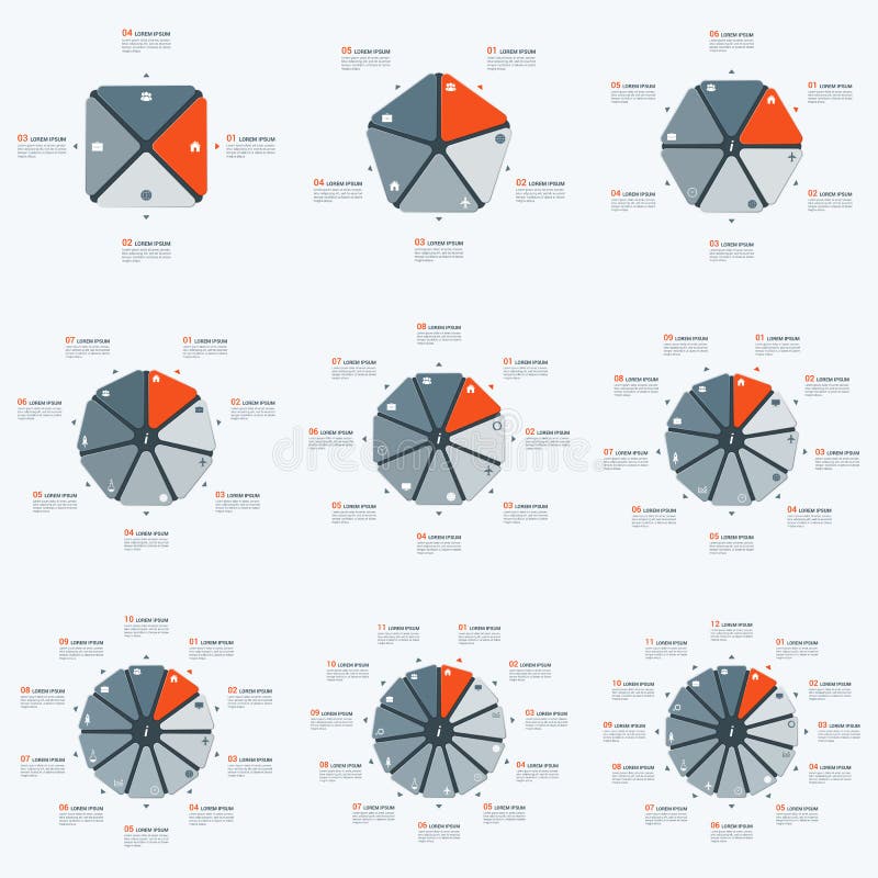 Satz polygonale infographic temlates mit 4-12 Wahlen Vektor stock abbildung Satz polygonale infographic temlates mit 4-12 Wahlen Vektor stock abbildung