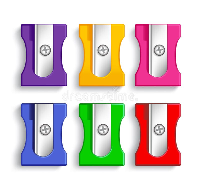 Satz realistische bunte Plastik3d bleistiftspitzer vektor abbildung