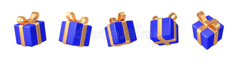 Satz realistischer 3D-Gutscheine. blaue Geschenkbox mit goldenem Bogen und Band. lizenzfreie abbildung
