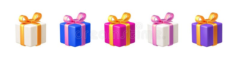 Satz realistischer 3D-Gutscheine. Geschenkschachteln in verschiedenen Farben. vektor abbildung