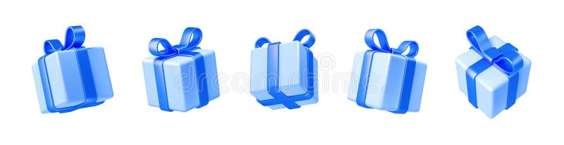 Satz realistischer 3D-Gutscheine. hellblaue Geschenkbox mit blauem Bogen und Band. stock abbildung