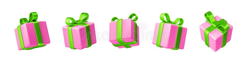 Satz realistischer 3D-Gutscheine. rosa Geschenkbox mit grünem Bogen und Band. vektor abbildung