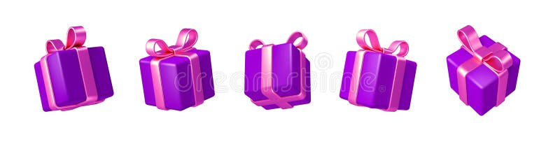 Satz realistischer 3D-Gutscheine. violette Geschenkbox mit rosa Schleife und Band. Geschenkbox in verschiedenen Winkeln. vektor abbildung