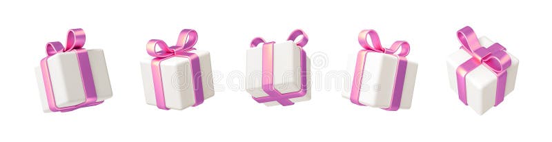 Satz realistischer 3D-Gutscheine. weiße Geschenkbox mit rosa Schleife und Band. Geschenkbox in verschiedenen Winkeln isoliert auf stock abbildung