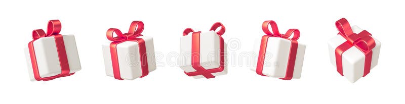 Satz realistischer 3D-Gutscheine. weiße Geschenkbox mit rotem Bogen und Band. Geschenkbox in verschiedenen Winkeln. lizenzfreie abbildung