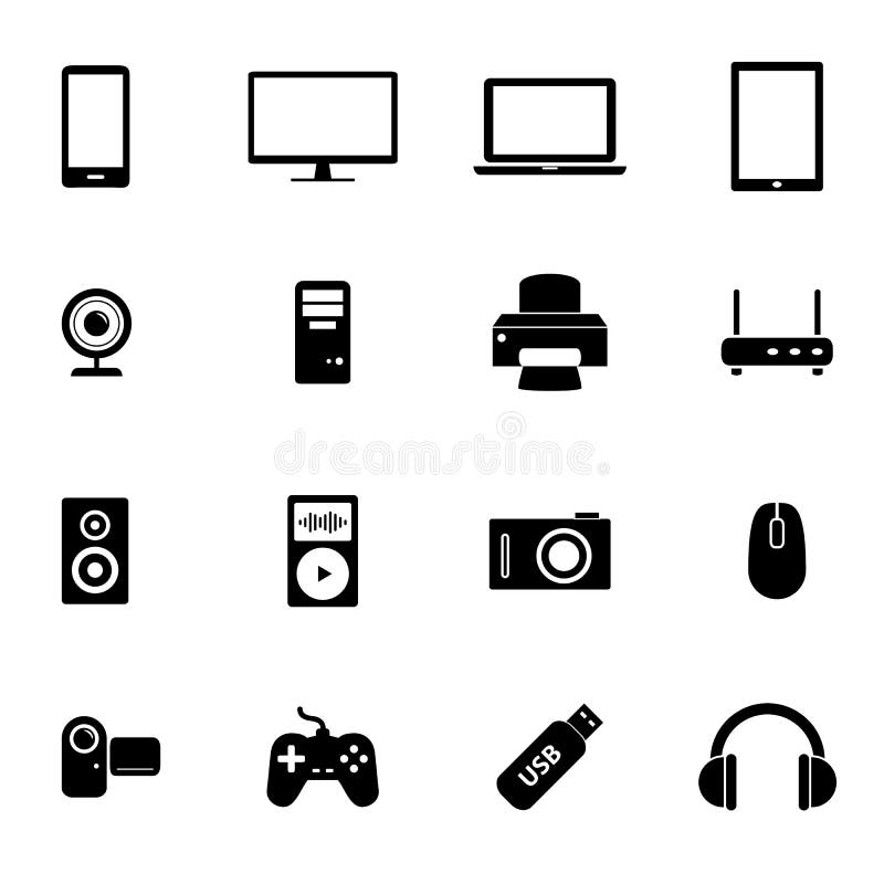 Collection of simple black flat icons related to computer hardware, mobile devices, electronics and similar things. Collection of simple black flat icons related to computer hardware, mobile devices, electronics and similar things.