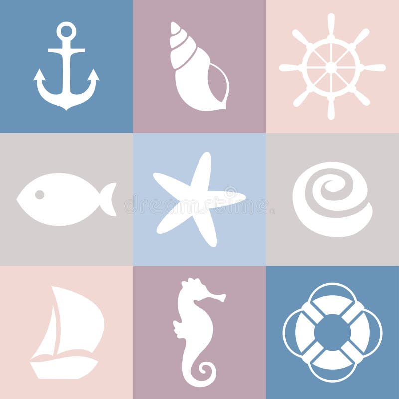 Satz Seeikonen Shell, Starfish, Fische, Anker, Lenkrad, Schwimmweste, Schiff, Seepferdchen vektor abbildung Satz Seeikonen Shell, Starfish, Fische, Anker, Lenkrad, Schwimmweste, Schiff, Seepferdchen vektor abbildung