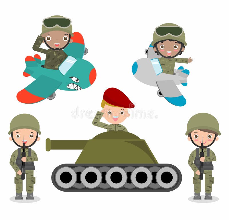 Satz Soldaten, Karikatur Soldatsatz, scherzt tragende Soldatkostüme vektor abbildung Satz Soldaten, Karikatur Soldatsatz, scherzt tragende Soldatkostüme vektor abbildung