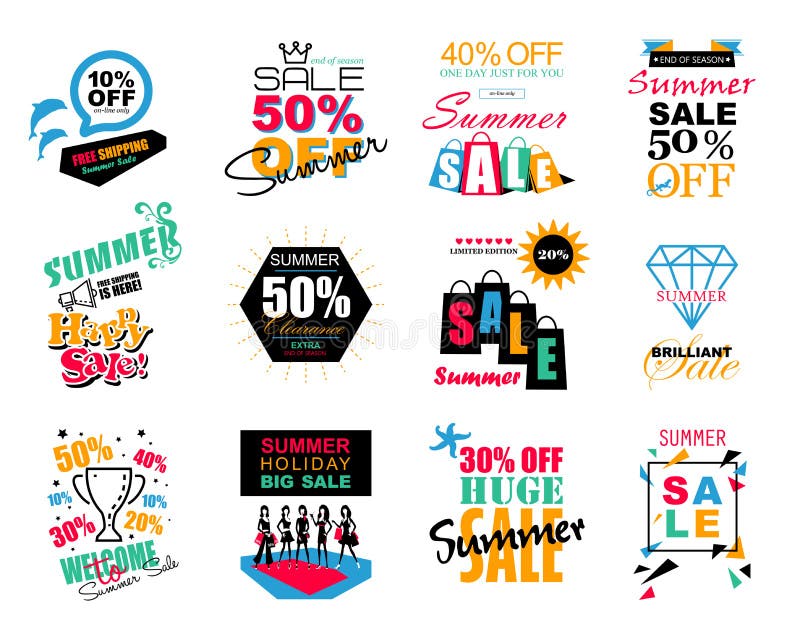 Satz Sommerschlussverkaufschablonenfahnen, -logos, -aufkleber und -aufkleber lizenzfreie abbildung Satz Sommerschlussverkaufschablonenfahnen, -logos, -aufkleber und -aufkleber lizenzfreie abbildung