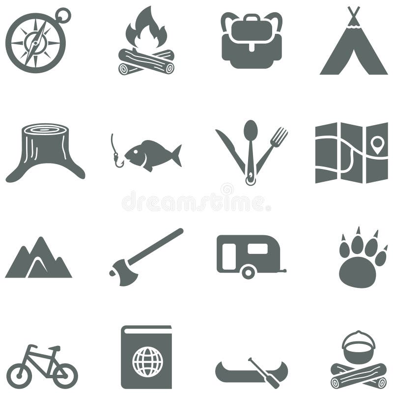 Set of vector icons for tourism, travel and camping. All elements are on separate layers. Possible to easily change the colors and size without losing image quality. Set of vector icons for tourism, travel and camping. All elements are on separate layers. Possible to easily change the colors and size without losing image quality.