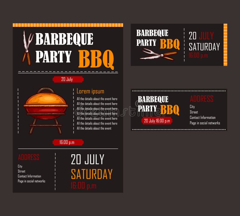 Set of vector illustrations of a bbq menu template, invitation card on a barbecue, gift certificate, a picnic ticket on a black background. Set of vector illustrations of a bbq menu template, invitation card on a barbecue, gift certificate, a picnic ticket on a black background