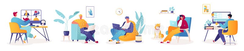 Satz Vektorillustrationen mit den männlichen Rollen, die zu Hause entfernt arbeiten oder in coworking Raumbüro. stock abbildung