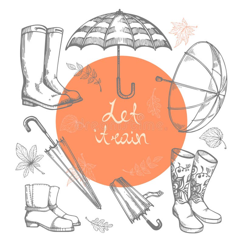 Satz Vektorillustrationen von Hand gezeichneten Regenschirmen, von Gummistiefeln und von Herbstlaub vektor abbildung Satz Vektorillustrationen von Hand gezeichneten Regenschirmen, von Gummistiefeln und von Herbstlaub vektor abbildung