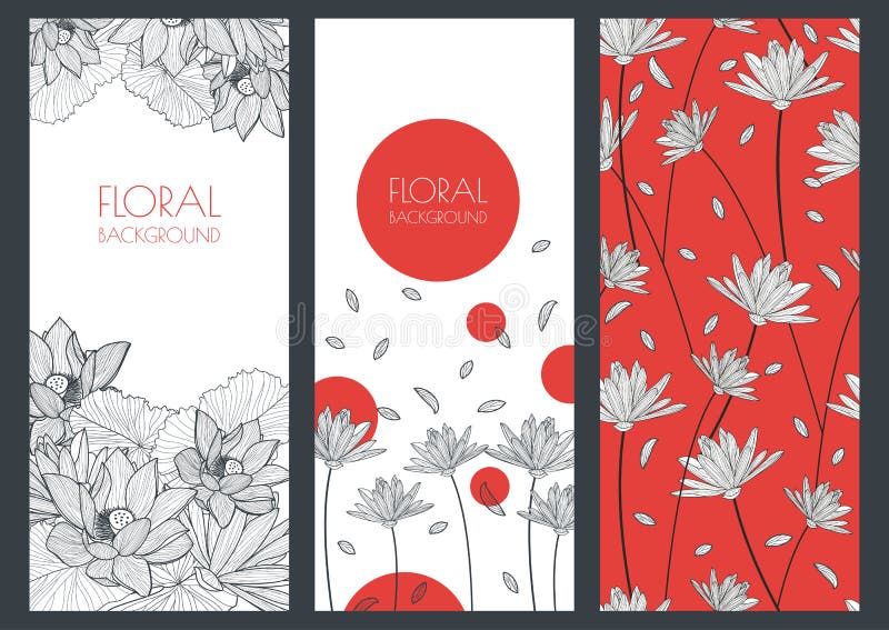 Set of vector floral banner backgrounds and seamless pattern. Linear illustration of lotus, lily flowers. Concept for boutique, jewelry, beauty salon, spa, fashion, flyer, invitation, banner design. Set of vector floral banner backgrounds and seamless pattern. Linear illustration of lotus, lily flowers. Concept for boutique, jewelry, beauty salon, spa, fashion, flyer, invitation, banner design.