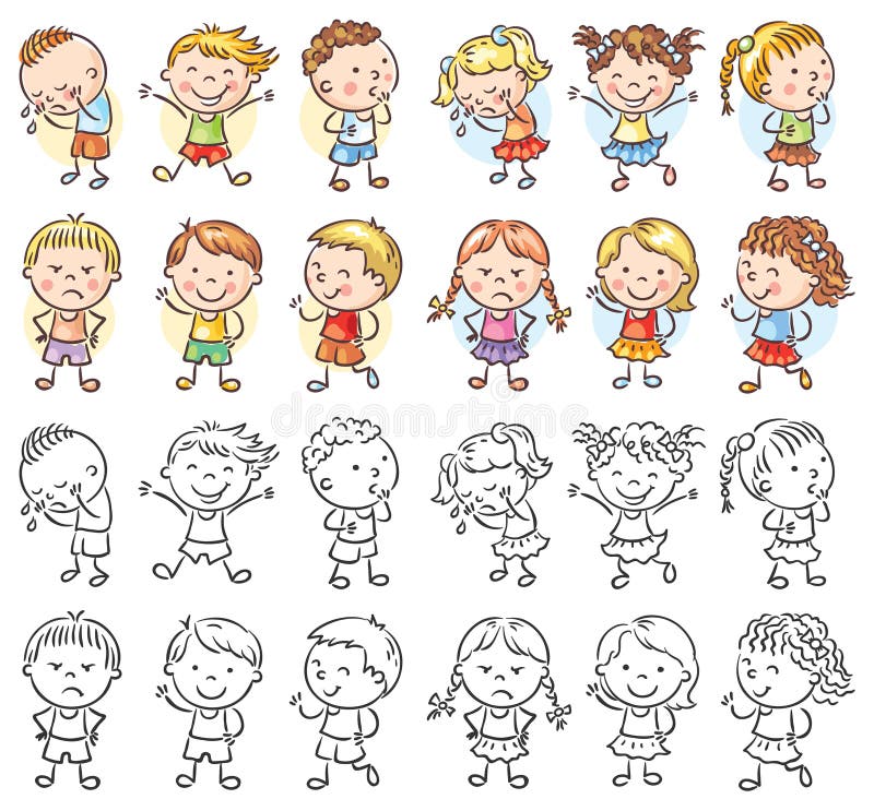 Satz verschiedene Kinder mit verschiedenen Gefühlen vektor abbildung Satz verschiedene Kinder mit verschiedenen Gefühlen vektor abbildung