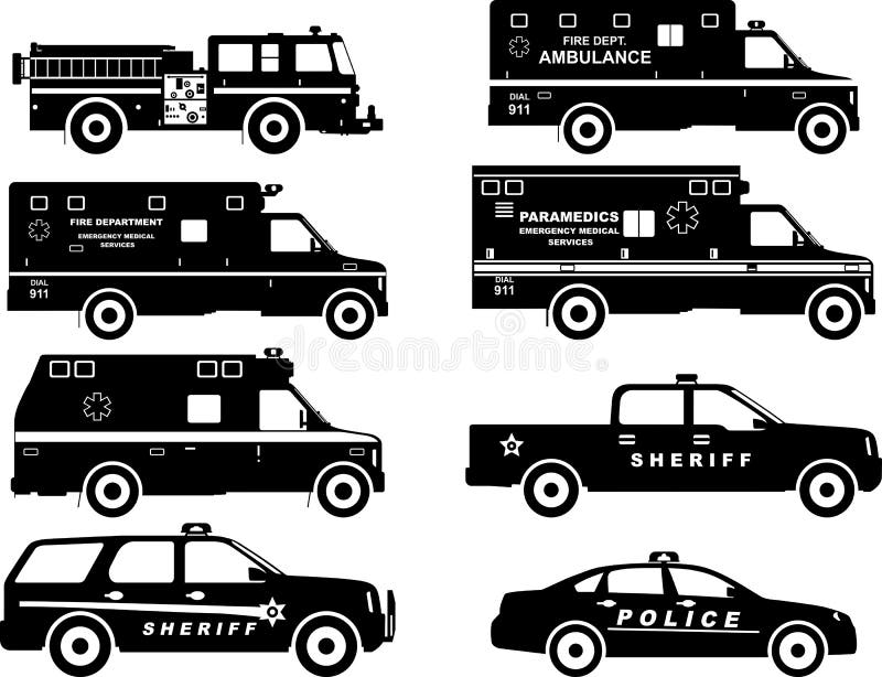 Satz verschiedene Schattenbilder Löschfahrzeug, Polizei lizenzfreie abbildung Satz verschiedene Schattenbilder Löschfahrzeug, Polizei lizenzfreie abbildung