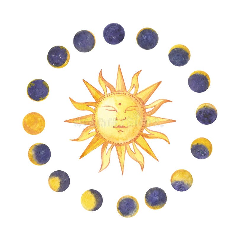 Satz von Aquarellmondphasen und -sonne Modische Hippie-Firmenzeichen Getrennt auf weißem Hintergrund vektor abbildung Satz von Aquarellmondphasen und -sonne Modische Hippie-Firmenzeichen Getrennt auf weißem Hintergrund vektor abbildung