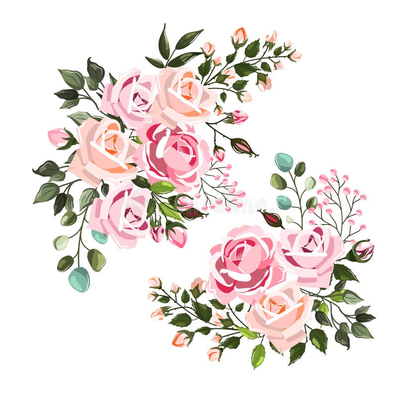 Satz von blassem - rosa rosafarbene Hochzeit blüht Blumenstraußvorbereitungen mit grünen Blättern lizenzfreie abbildung