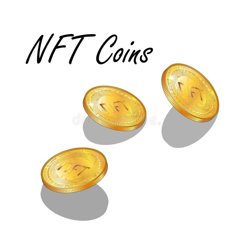 Satz von detaillierten isometrischen Goldmünzen nft nicht fungible Token isoliert auf weiß. lizenzfreie abbildung