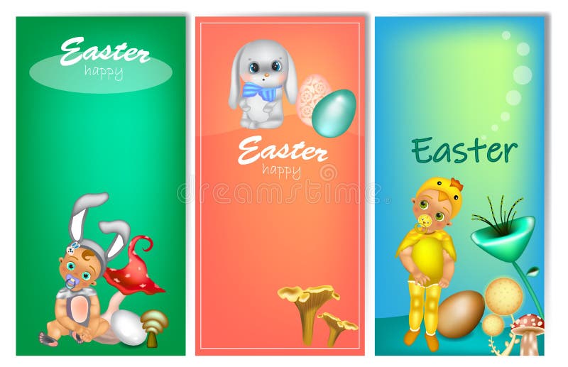 Satz von drei vertikalen Ostern-Fahnen mit netten Kindern im Kostüm lizenzfreie abbildung Satz von drei vertikalen Ostern-Fahnen mit netten Kindern im Kostüm lizenzfreie abbildung