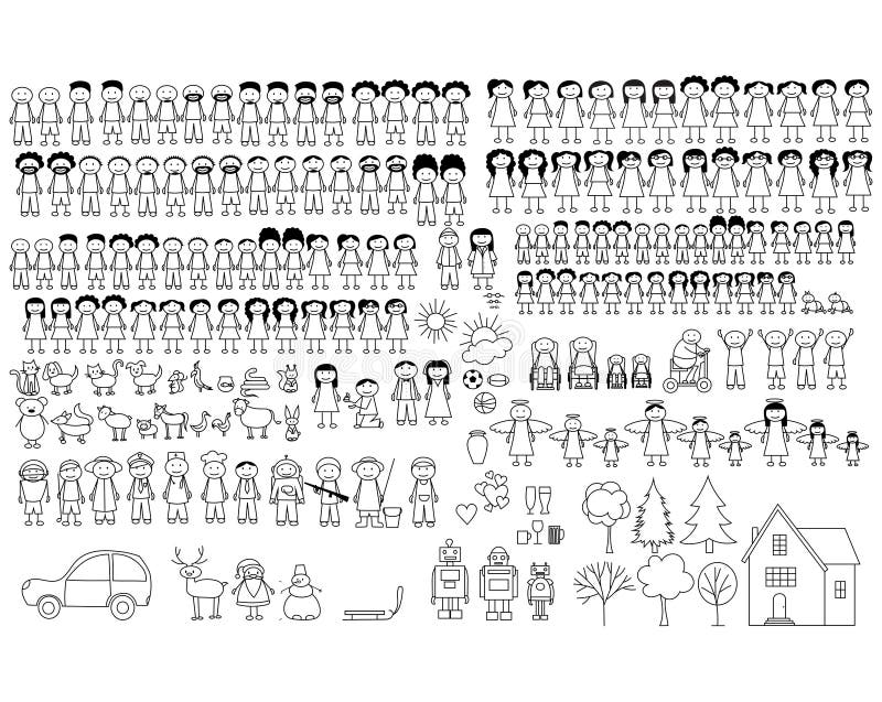 Satz von glücklichen Cartoon doodle Figur Familie Stock Mann. stickman Illustration mit einer Mutter und Vater und Kinder lizenzfreie abbildung