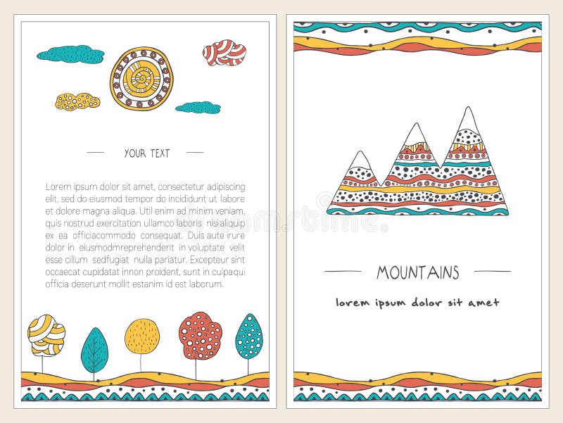 Satz von stilvollem, Hand gezeichnetes Kartendesign Vector Hintergründe mit Bergen, Bäumen, Sonne und Hügeln lizenzfreie abbildung Satz von stilvollem, Hand gezeichnetes Kartendesign Vector Hintergründe mit Bergen, Bäumen, Sonne und Hügeln lizenzfreie abbildung