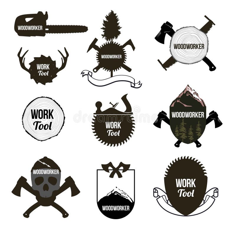 Set of vintage carpentry tools, icons, labels, logo. Blank form for workers and carpentry tools: shields, axes, wood, saw, banner. Set of vintage carpentry tools, icons, labels, logo. Blank form for workers and carpentry tools: shields, axes, wood, saw, banner.