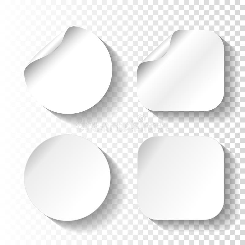 Satz Weißbuchaufkleber auf transparentem Hintergrund Kreis- und Quadrataufkleber, Knöpfe vektor abbildung Satz Weißbuchaufkleber auf transparentem Hintergrund Kreis- und Quadrataufkleber, Knöpfe vektor abbildung