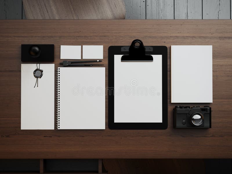 Satz weiße Elemente auf der braunen Tabelle 3d lizenzfreie stockfotografie Satz weiße Elemente auf der braunen Tabelle 3d lizenzfreie stockfotografie