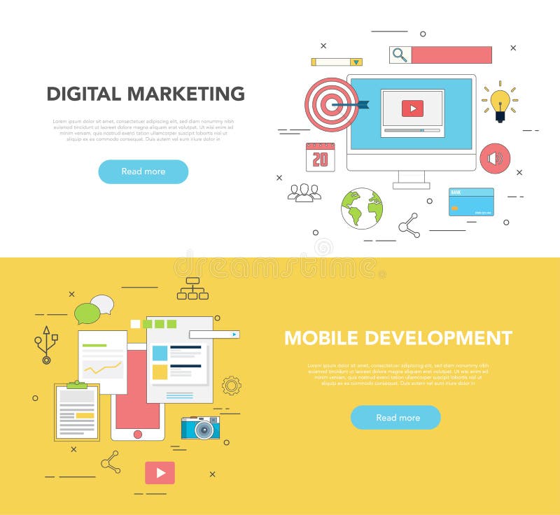 Satz zwei des Netz Fahnen-Konzeptes des Entwurfes für Digital-Marketing und bewegliche Entwicklung vektor abbildung Satz zwei des Netz Fahnen-Konzeptes des Entwurfes für Digital-Marketing und bewegliche Entwicklung vektor abbildung