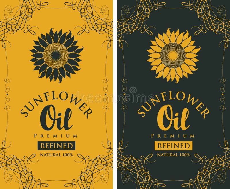Satzaufkleber für raffiniertes Sonnenblumenöl mit Firlefanz vektor abbildung Satzaufkleber für raffiniertes Sonnenblumenöl mit Firlefanz vektor abbildung